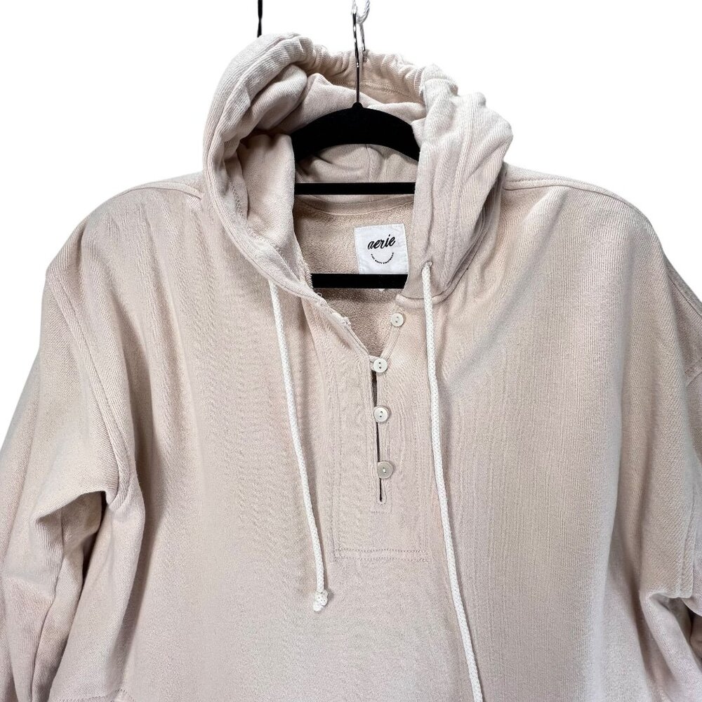 Aerie Beige Hooded Pullover Sweatshirt XS Buttons Pockets Womens Long Sleeve - Picture 2 of 16